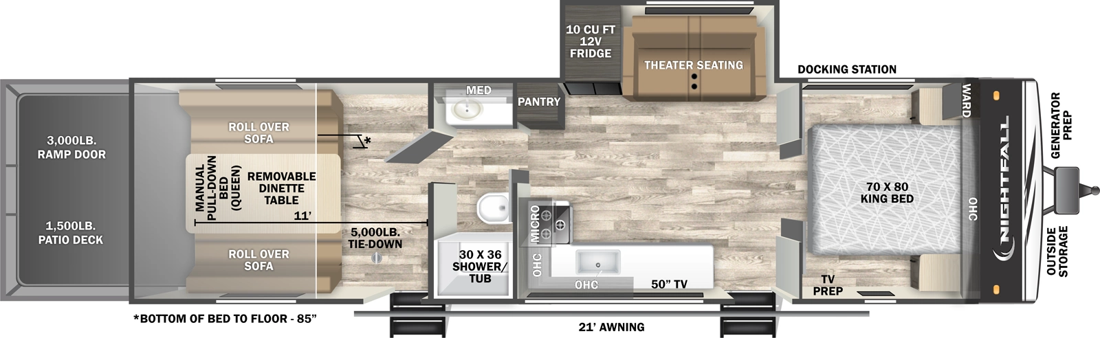 The Nightfall 29N floorplan is a toy hauler that has two entries and one slide out. Exterior features include: fiberglass exterior and 21' awning. Interiors features include: front bedroom and pass through bathroom.